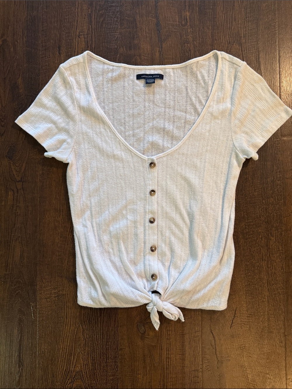 American Eagle Outfitters Cream Button-Front Tie Hem Scoop Top